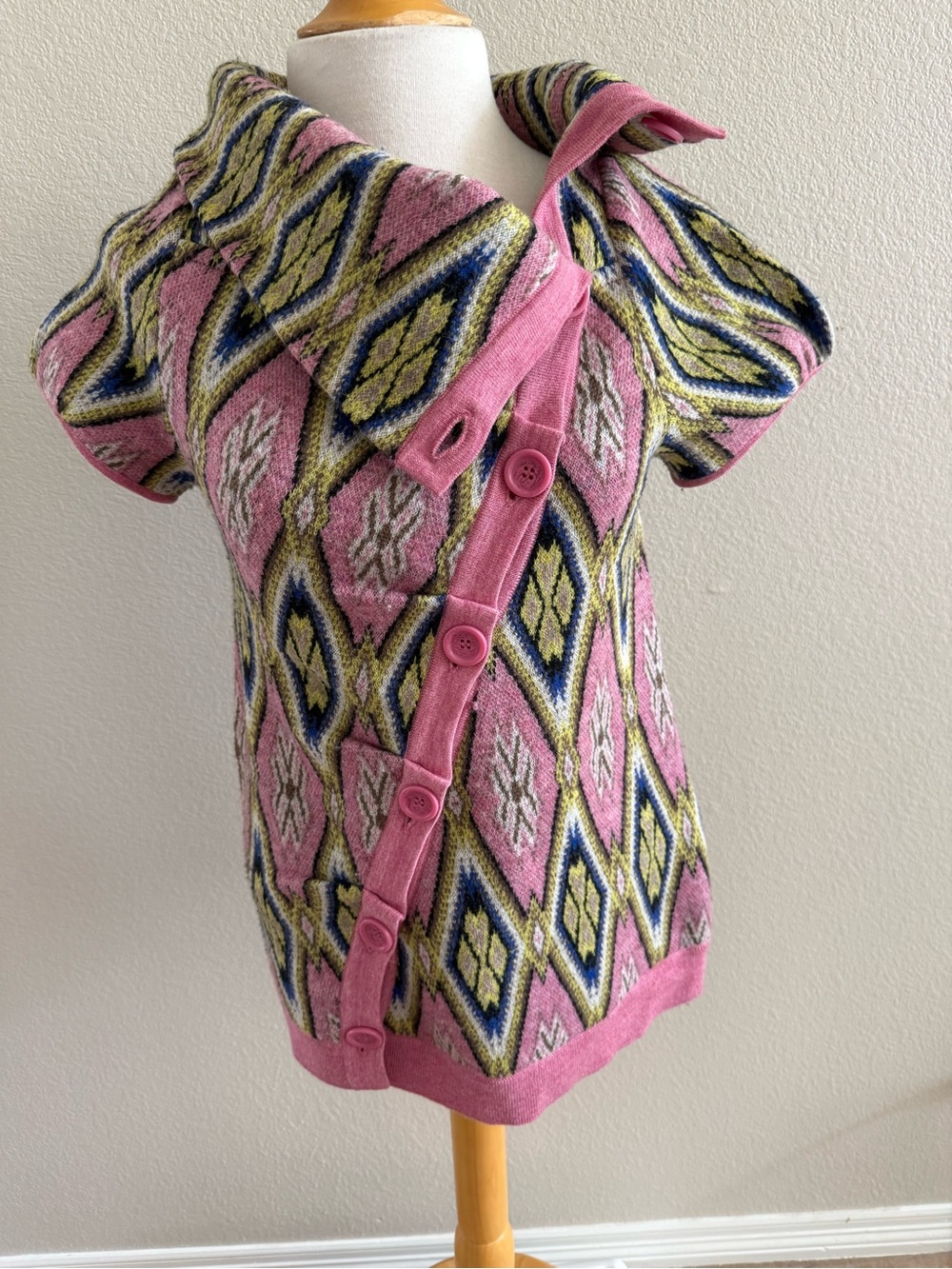 Anthropologie MOTH Sweater Cardigan SZ XS Pink Button Front Slant Cowl Collar